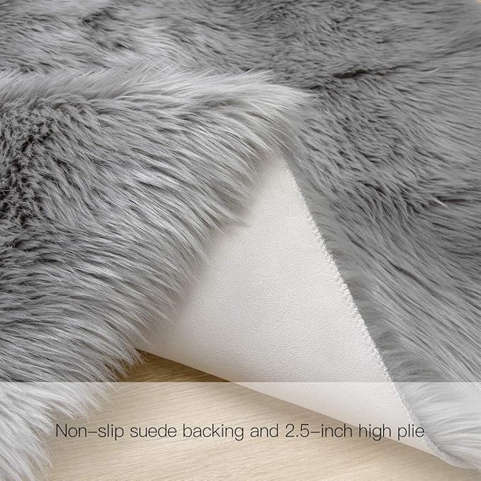Ciicool Faux Fur Rug for Bedroom, Grey Fluffy Shag Rug for Sofa Couch Seat Cushion, Washable Fuzzy Runner Rugs Thick Fur Area Rug Floor Carpets for Bedside Living Room, 2x6 Ft Rectangle