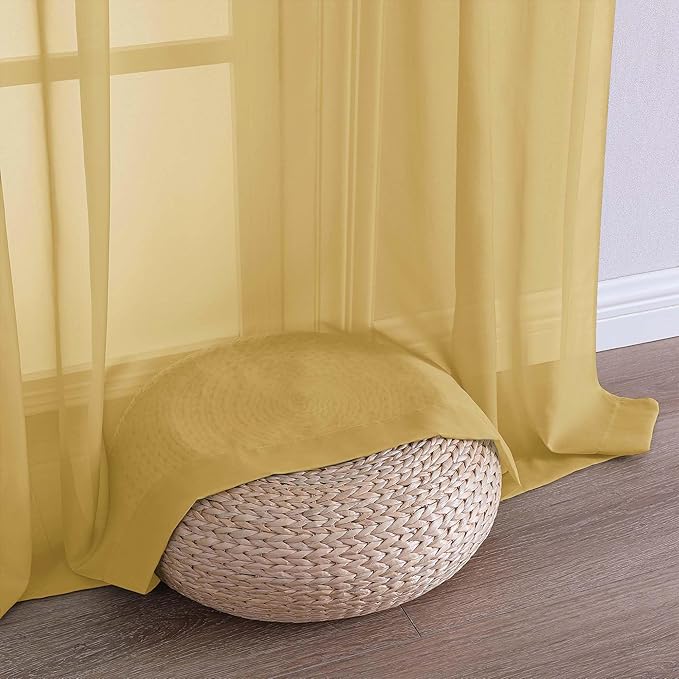 Chyhomenyc Sheer Gold Curtains 90 inches Long 2 Panels, Light Filtering Soft Airy Solid Elegant Voile Window Treatment Drapes for Bedroom Living Room Wedding Party Decor, 42 Wx90 L Inches