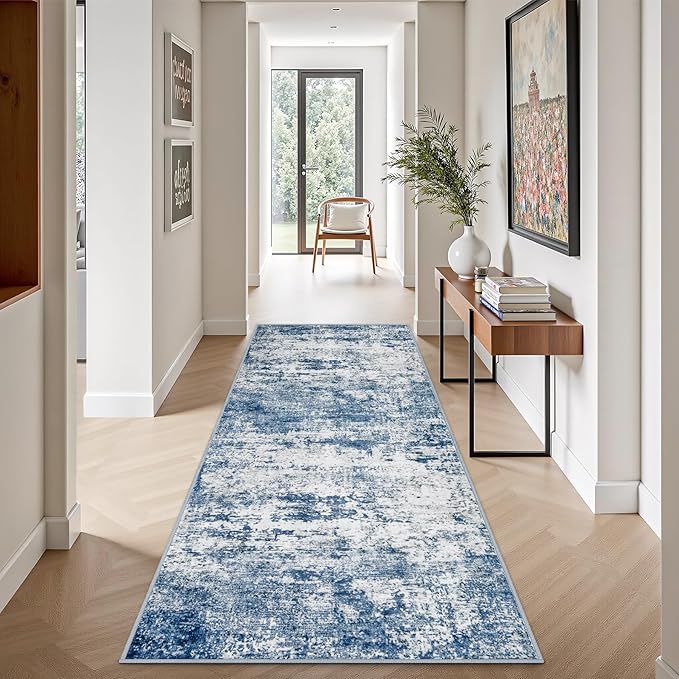 2.6'x8' Runner Rug Washable Rug;Modern Abstract Soft Thin Runner Rug Blue