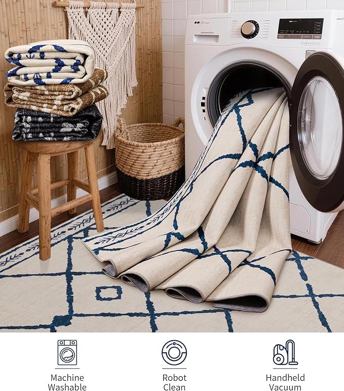 YIHOUSE Boho Rugs for Living Room, 8x10 Western Beige and Blue Area Rug, Moroccan Geometric Soft Low-Pile Washable Rugs for Bedroom, Dining Room