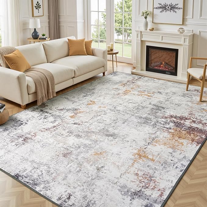 Rugflix 10x14 Area Rugs for Living Room, Washable Large Rug Stain-Resistant Low Pile, Modern Neutral Carpet for Dining Room Home Office Kid Room Nursery Bedroom, Grey Brown