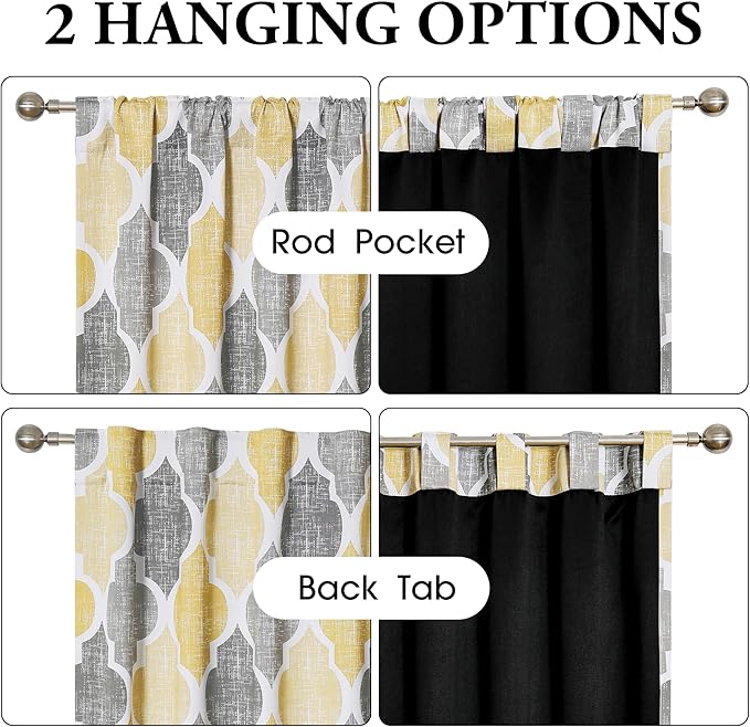 Beauoop 100% Blackout Curtains 84 Inches Long 2 Panels for Bedroom Living Room Yellow Grey Moroccan Geo Room Darkening Thermal Insulated Soundproof Rod Pocket Back Tab Window Treatments Drapes, 50x84