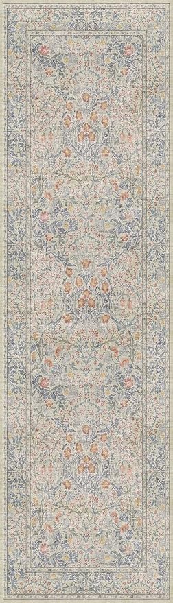 Hazo Haus Non Slip Beige Blue Hallway Runner Rug - Long Runner Rugs 2x7 Washable Kitchen Floor Mat, Laundry Room Rug, Bathroom Runner - Vintage Design Décor