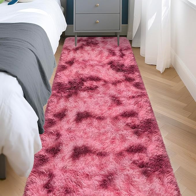 Tie-Dyed Red 2x8 Machine Washable Runner Rugs for Hallway Soft Fluffy Shaggy Bedside Rugs for Bedroom Living Room Indoor Floor Carpet for Kids Girls and Boys Nursery Rooms Home Decor Aesthetic