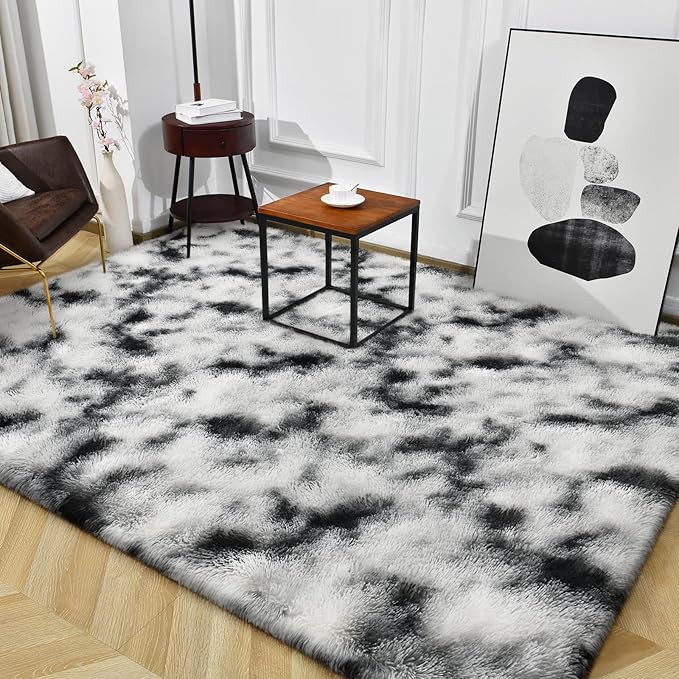 TWINNIS Super Soft Shaggy Rugs Fluffy Carpets, 5x8 Feet, Indoor Modern Plush Area Rugs for Living Room Bedroom Kids Room Nursery Home Decor, Upgrade Anti-Skid Rectangular Fuzzy Rug, Black and White