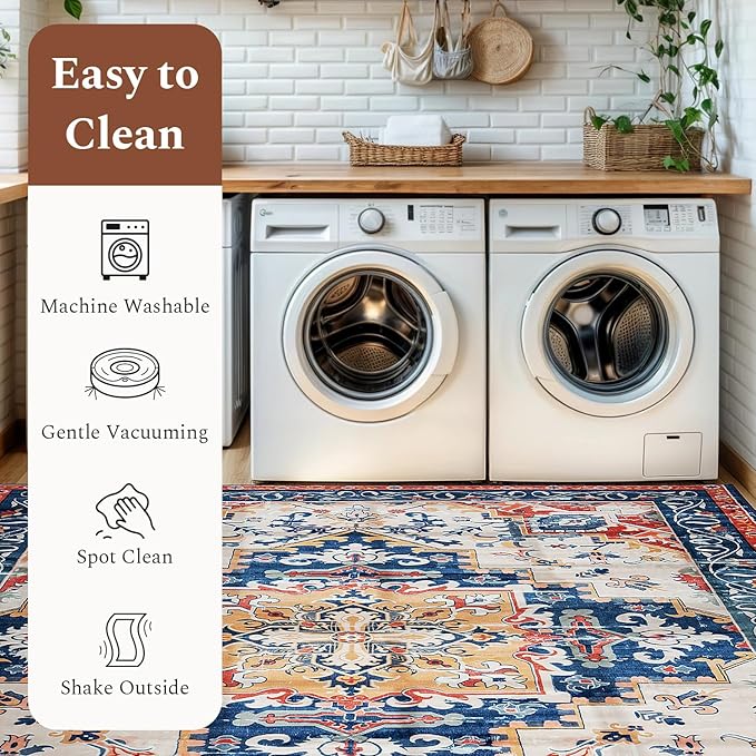Rugflix 5x7 Area Rug for Living Room, Machine Washable Area Rugs with Non-Slip Backing, Large Soft Boho Vintage Rug for Bedroom, Dining Room, Low Pile Carpet, Kids Pet Friendly, Red