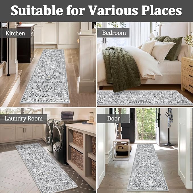 Yamaziot Washable Runner Rug 2x6 – Non Slip Boho Floral Hallway Runner Rug with Rubber Backing, Low Pile Faux Wool Distressed Carpet for Kitchen, Laundry, Bedroom, Entrance, Gray