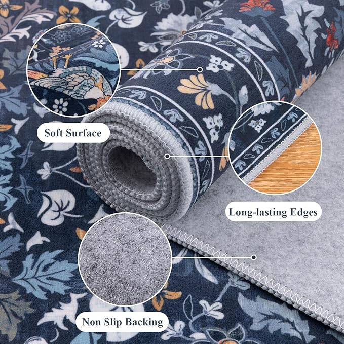 HEBE Washable Hallway Runner Rug 2'x 6' Non Slip Kitchen Rugs Runner,Low Pile Entryway Rug Laundry Room Mat Floral Carpet Runners for Hallways, Kitchen,Bathroom,Laundry,Bedside Rug