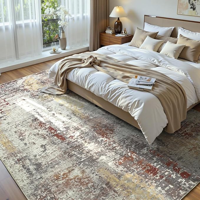 Living Room Rug 7x10 Beige Area Rugs Machine Washable Abstract Boho Large Rug Non-Slip Non-Shedding Faux Wool Indoor Vintage Carpet for Bedroom, Classroom, Dining Room, Kids Playroom