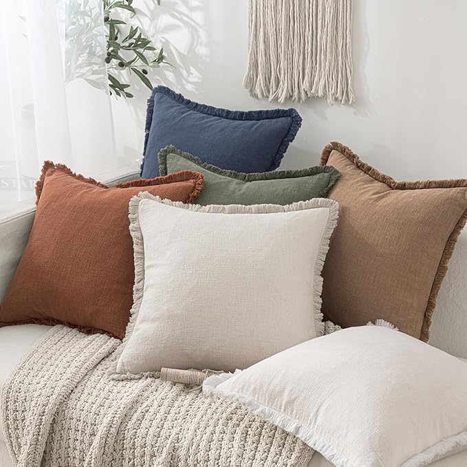 MIULEE Decorative Throw Pillow Covers Neutral Linen Fringe Throw Pillows Set of 2 Natural Beige Boho Farmhouse Cushion Covers with Tassels for Couch Sofa Bed Spring Home Decor 20x20 Inch