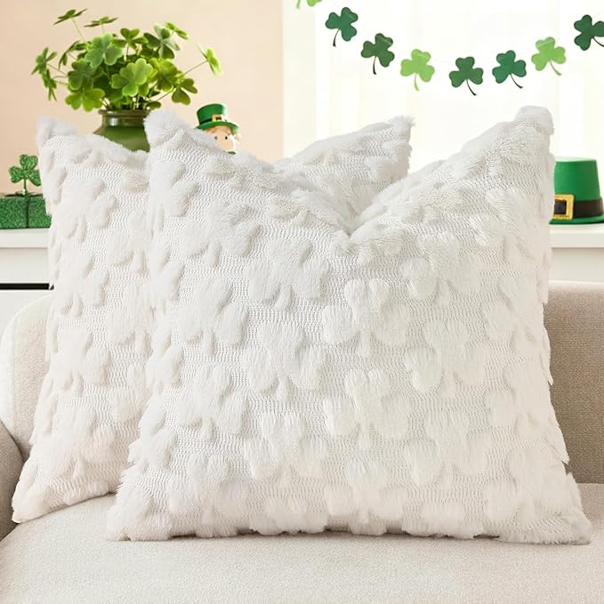 decorUhome St. Patrick’s Day Shamrock Pillow Covers 18x18 Inch Set of 2, Soft Plush Faux Wool Cream White Throw Pillow Covers, Farmhouse Spring Holiday Decor for Sofa Living Room