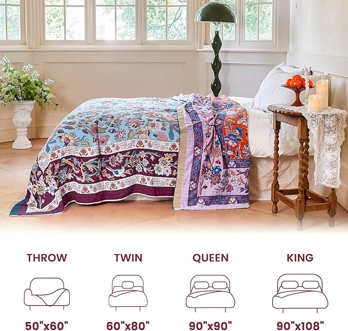 MSGKV Boho Throw Blanket for Couch 50"x60" 100% Cotton Sofa Floral Bird Blanket Spring Breathable Lightweight Muslin Home Decorative Blankets