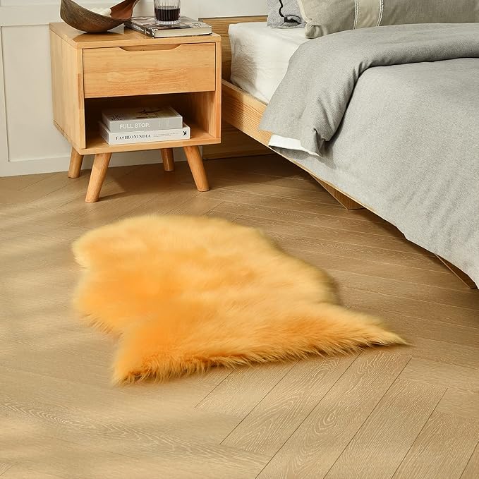 duduta Yellow Faux Sheepskin Rug 2x3 ft, Small Fluffy Shag Fur Rug for Bedroom Dorm Nursery Chair Covers Decor Non Slip