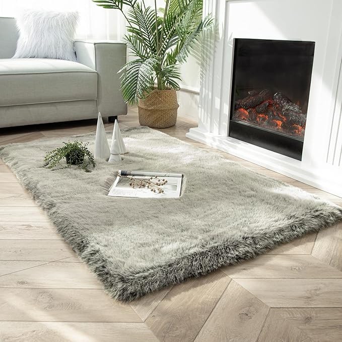 Ashler Faux Fox Fur Rug, Green White Brown Fluffy Rug, 3x5 Rectangle Rug, Ultra Soft Shaggy Area Rugs for Bedroom, Fuzzy Carpets for Living Room, Sofa