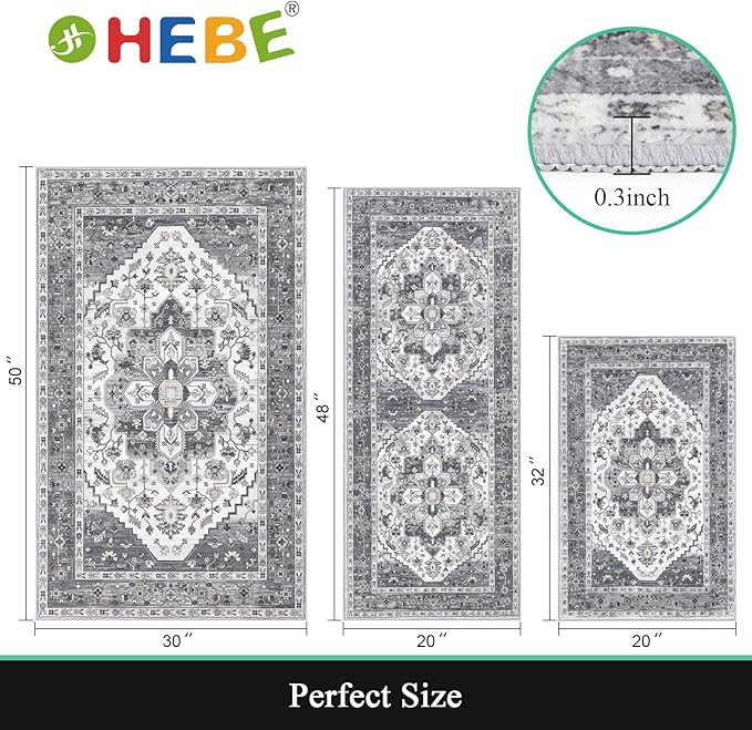 HEBE Boho Kitchen Rug Sets 3 Piece with Runner Non Slip Kitchen Rugs and Mats Washable Kitchen Mats for Floor Thick Kitchen Floor Mat Carpet Runner Rugs for Hallway Laundry Holiday Decor