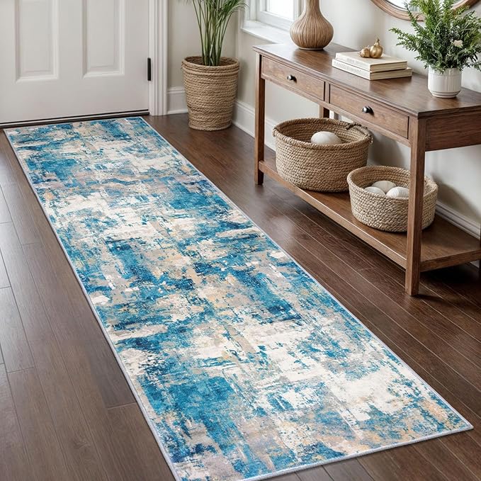 KOZYFLY Modern Abstract Rug Runner, 2x8, Blue, Low Pile, Machine Washable, Non-Slip, Recycled Fiber, Area Rug for Hallway, Kitchen, Bathroom, Bedroom
