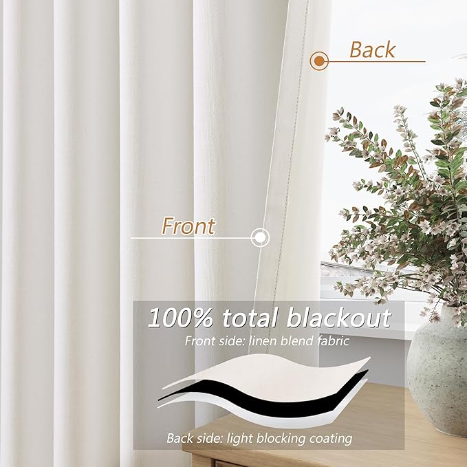Guken Ivory 100% Blackout Curtains 84 Inch Length 2 Panels Set for Living Room Bedroom Back Tab Thermal Insulated Black Out Linen Drapes Room Darkening Window Curtains 84 Inches Long