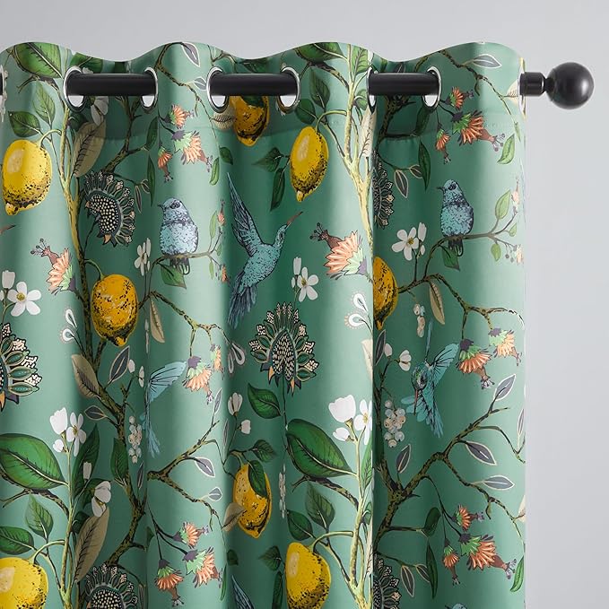 Topfinel 92 Inches Long Custom Sage Green Luxury Curtains for Living Room Bedroom, Blackout Vintage Victorian Curtains Floral Lemon Hummingbird Printed Grommet Drape 92 Inch Length