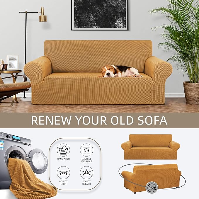 KEKUOU Stretch Loveseat Sofa Cover Slipcover,Couch Covers for 2 Cushion Couch Sofa (55"-78") Furniture Protector Sofa with Elastic Bottom for Kids,Dog. Jacquard Small Checked (Medium,Golden)