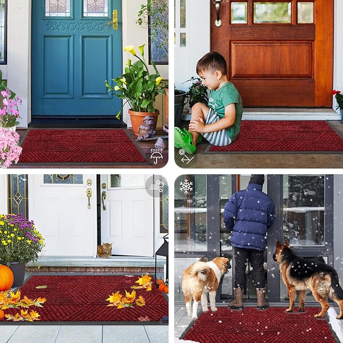 Smiry Front Door Mat Outside Entrance, Heavy Duty Sturdy Natural Rubber Doormat, Trap Dirt and Moisture, Easy Clean Low Profile Mats for Indoor Outdoor Entry, Irregular Triangle (29.5x17, Deep Red)