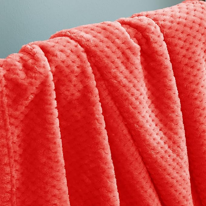 Exclusivo Mezcla Fleece Throw Blanket, Super Soft and Warm Blankets for Couch, Sofa and Bed Waffle Textured, Cozy, Fuzzy and Lightweight (Coral Orange, 40x50 Inches)