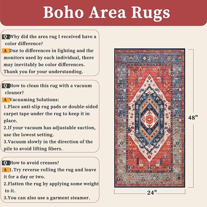 SERISSA 2x4 Boho Rugs for Entryway, Washable Non-Slip Kitchen Runner Rug, Ultra Soft Small Area Rug Vintage Rust Low-Pile Door Mat Indoor Entrance Carpet for Bedroom Hallway Laundry Room Bathroom