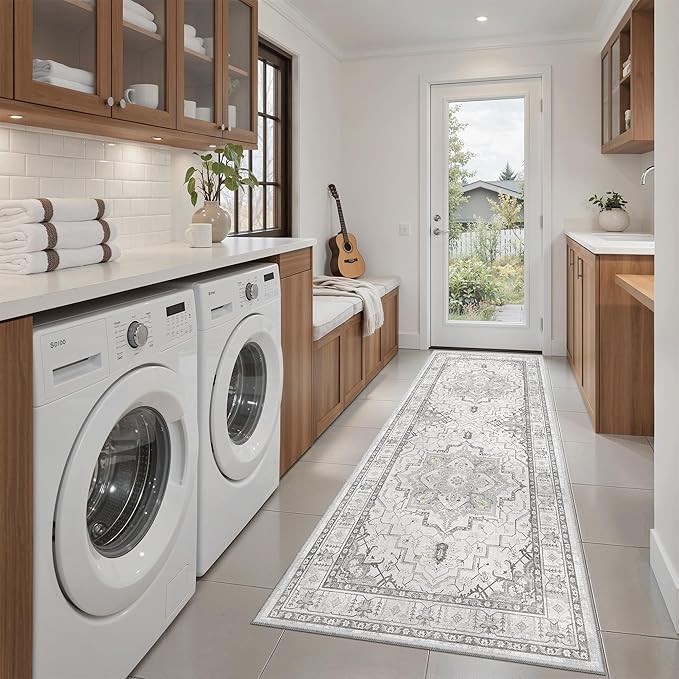 Madane Hallway Runner Rug - 2x5 Rug Runner Washable Runner Rugs Non-Slip Low-Pile Kitchen Runner Rug Laundry Room Rug Throw Carpet for Entrance Bedroom Living Room (2'x5', Grey)