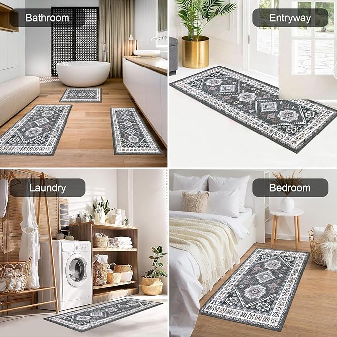 HEBE Boho Kitchen Rug Sets 3 Piece with Runner Non Slip Kitchen Rugs and Mats Washable Kitchen Mats for Floor Thick Kitchen Floor Mat Carpet Runner Rugs for Hallway Laundry Holiday Decor