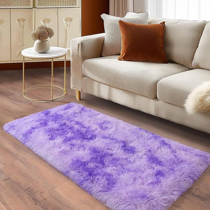 Soft Runner Rugs for Bedroom Hallways, 2x4 Tie-Dyed Purple Fluffy Shag Throw Area Rug Non Slip for Bedside Dorm, Long Shaggy Furry Carpet for Nursery Living Room