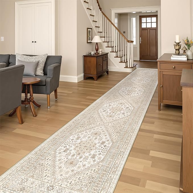 Washable Runner Rug 2.5x14, Non-Slip Long Kitchen Mats for Floor, Vintage Rug for Entryway, Soft Hallway Runner for Dining Room, Bedroom, Living Room(Cream/Beige,2.5'x14')