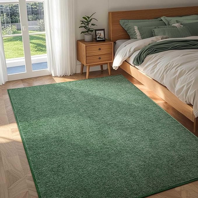 FinRèc 4x6 Washable Area Rugs for Bedroom Living Room, Low Pile Thin Rug Solid Color, Non-Slip Carpet Indoor for Home Decor (Green)