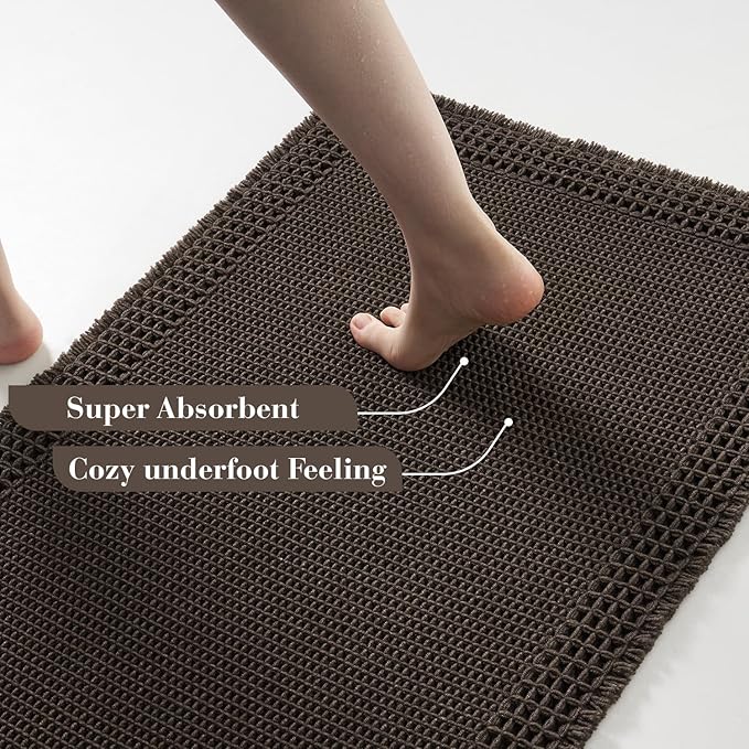 RESARE Waffle Bathroom Runner Rugs, Super Absorbent Bath Mat Non Slip Washable Quick Dry, Upgraded Ultra Soft Boho Bath Rugs with Tassels for Hallway Bedroom Laundry Room, 20"x32" Chocolate Brown