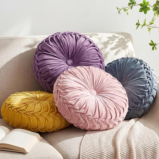 Kathfly Set of 4 Decorative Round Pleated Throw Pillows, Classy Velvet Pumpkin Round Throw Pillows, Decorative Floor Pillow for Bed Chair Home Sofa Decor, 14" Diameter (Easter Color)