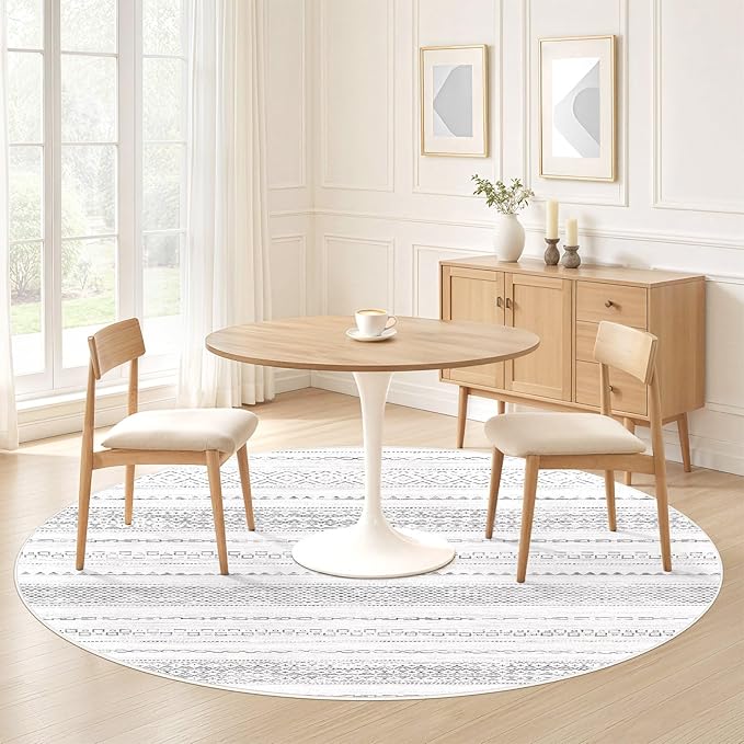 Nakagishi Round Rug Boho Area Rugs: 8x8 Washable Large Circle Neutral Soft Stain Resistant Non-Slip Carpet for Women Aged 25-45 Farmhouse Decor Enthusiasts - Living Room Bedroom Dining Room Nursery
