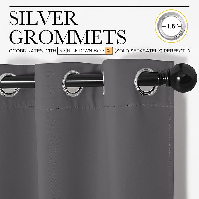 NICETOWN Grey Blackout Curtain Panels for Bedroom, 2 Panels, W29 x L36-inch, Thermal Insulated Grommet Top Blackout Draperies and Drapes for Basement