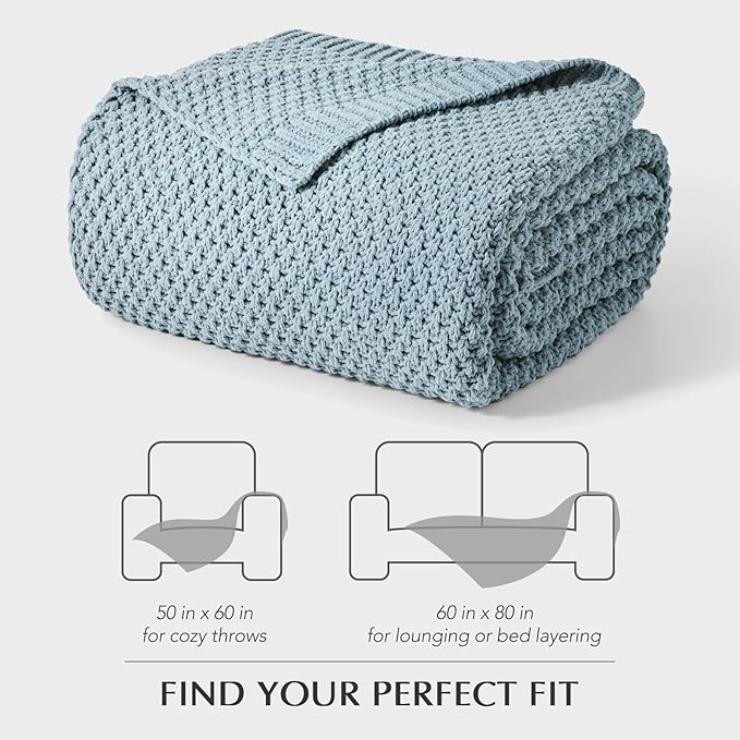 EVERGRACEHOME Chunky Chenille Knit Throw Blanket for Couch, Soft Luxurious Moss Stitch Blankets for Bed, Cozy Decorative Farmhouse Knitted Throws for Sofa, Chambray Blue, 50" x 60"