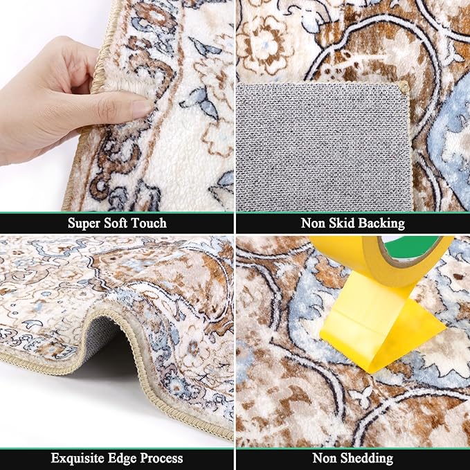 HEBE Washable Area Rug - 2'x3' Non Slip Soft Distressed Medallion Bedroom Boho Living Room Accent Throw Vintage Entry Floor Carpet for Dining Room Bathroom Entryway