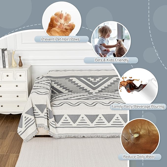 MYSKY HOME Sectional Couch Cover Grey Boho Geometric Sofa Covers for Sectional Sofa L Shape Chenille Couch Protector for Dogs Pets Couch Throw Cover Washable Durable for Home Decor, 71" X118"
