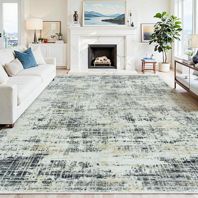 6x9 Area Rugs for Living Room Washable Rug: Anti-Skid Abstract Modern Living Room Rug Soft Thin Carpets Indoor Floor Non-Shedding Carpet for Bedroom Dining Farmhouse Nursery Black Gray Gold