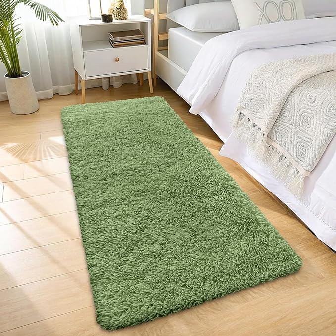 OLANLY 2x8 Machine Washable Runner Rugs for Hallway, Soft Fluffy Shaggy Bedside Rugs for Bedroom, Living Room, Indoor Floor Carpet for Kids Girls and Boys, Home Decor Aesthetic, Green
