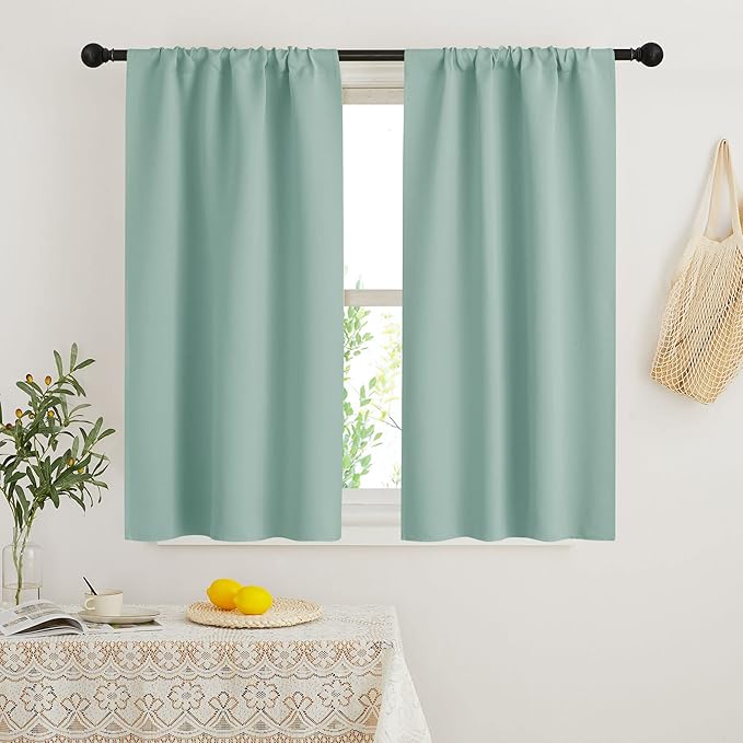 RYB HOME Blackout French Door Window Curtain Covering, Rod Pocket Thermal Insulated Privacy Non See Through Drapes for Bathroom Window, Width 29 by Length 45, Aqua, 2 Panels