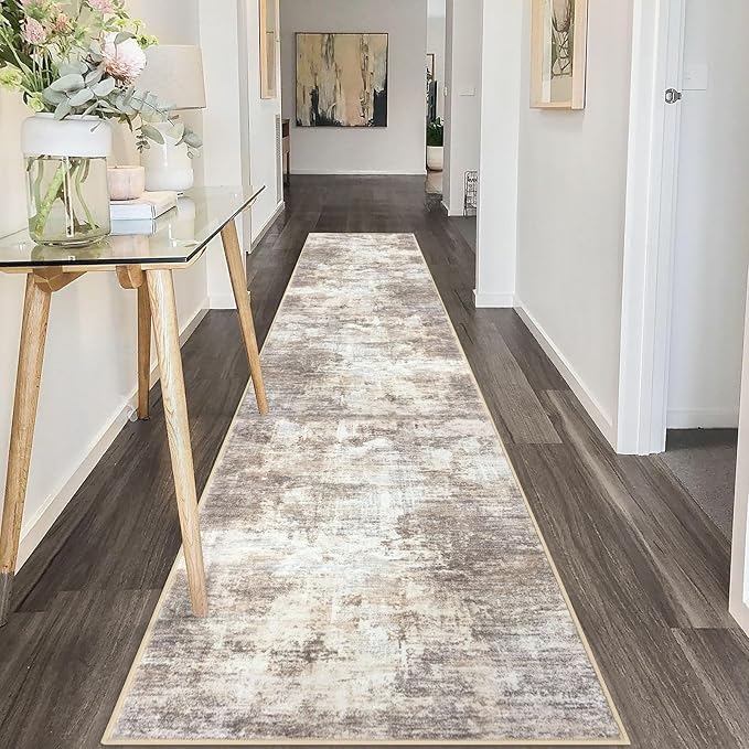 IOHOUZE Abstract Runner Rug 2x10 Ft Washable Runners for Hallways, Non Slip Kitchen Runner Printed Faux Wool Entryway Runner Indoor, Modern Abstract Floor Carpet for Hall Kitchen, Beige Brown