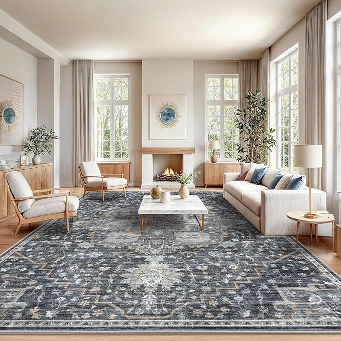 AMADA HOMEFURNISHING 10x14 Washable Area Rug, Low-Profile Large Area Rug with Non-Slip Backing & Durable Edge Binding, Vintage Large Rugs for Living Room, Bedroom & Dining Room