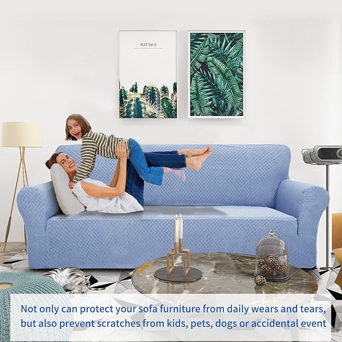 ZNSAYOTX 1 Piece Jacquard Couch Covers for 2 Cushion Couch High Stretch Loveseat Slipcover for Pets Dogs Anti Slip Love Seat Sofa Slipcover Furniture Protector (Medium, Light Blue)