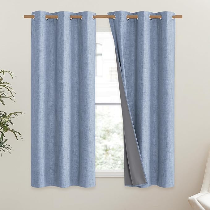 NICETOWN Stone Blue Vintage Linen 100% Blackout Curtains for Dining Room, Thermal Insulated Curtains 54" Long, Noise Reducing Window Treatment Drapes for Kitchen, 42" Wide Per Panel, Set of 2