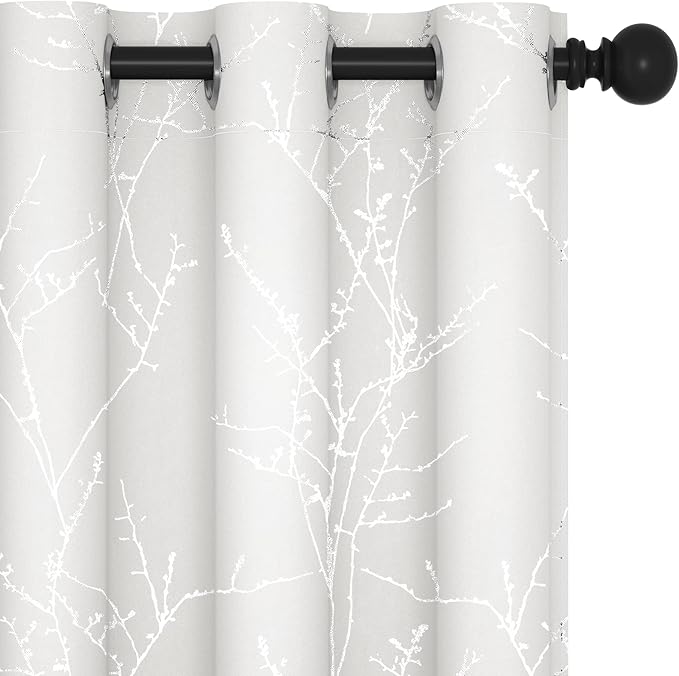 Deconovo Room Darkening Curtains, White Curtain, Thermal Insulated & Noise Reducing Drapes, Silver Branch Pattern, 42 x 63 Inch Long, Grommet Panels for Bedroom Living Room Office Nursery, Set of 2