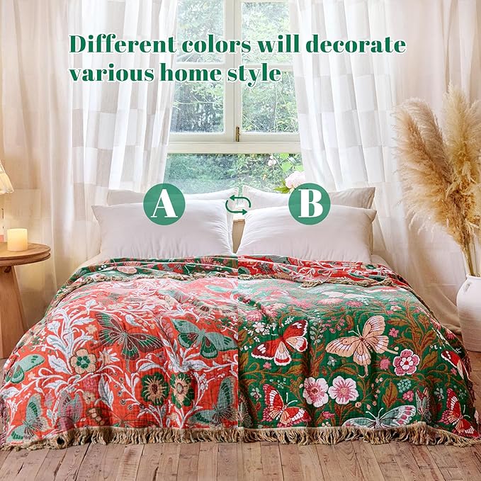 MSGKV Boho Throw Blanket for Bed 60"x80" Butterfly Floral 100% Cotton Couch Blanket Spring Breathable Lightweight Farmhouse Twin Size Blankets for Sofa Home Decor Muslin All Seasons
