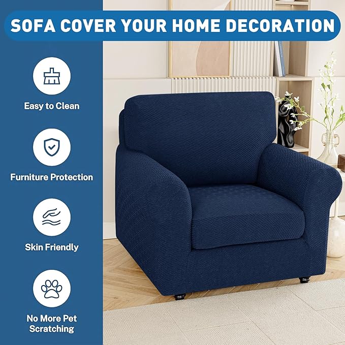 XINEAGE Couch Cushion Covers Seat Cushion Cover Thick Stretch Sofa Slipcovers 1 Piece Individual Couch Covers with Elastic Bottom(Single Seat Cushion/Backrest,Navy Blue)