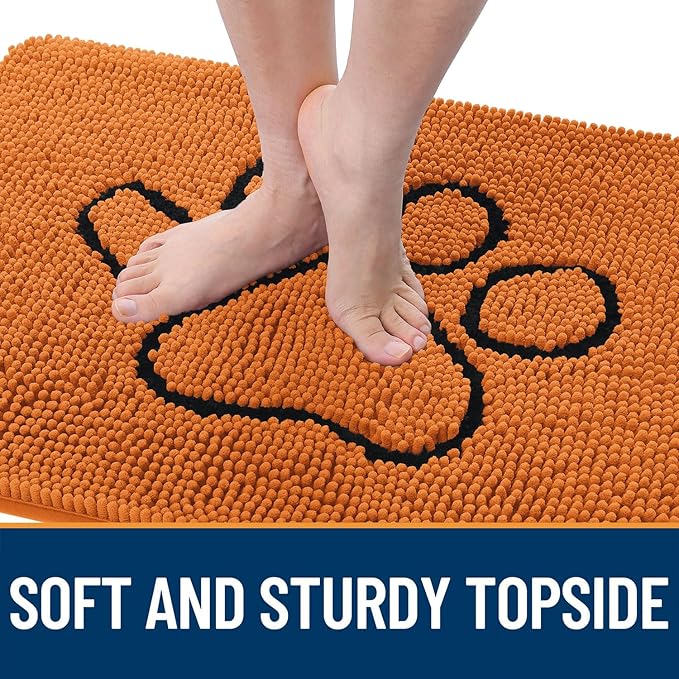 OLANLY Dog Door Mat for Muddy Paws 36x24, Paw Print Design, Absorbs Moisture and Dirt, Absorbent Non-Slip Washable Doormat, Quick Dry Chenille Mud Mat for Dogs, Entry Indoor Entryway Carpet, Clay