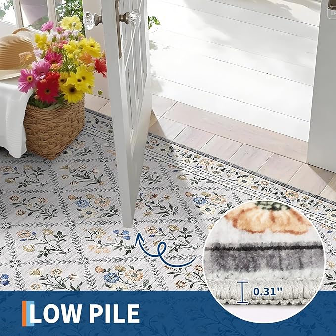 Washable Kitchen Rugs Non Slip 2x6 Hallway Runner Rug Stain Resistant Low Pile Floral Floor Rug with Rubber Backing Non Shedding Runners for Indoor Entryway Bedside Bedroom Farmhouse RV Grey Beige